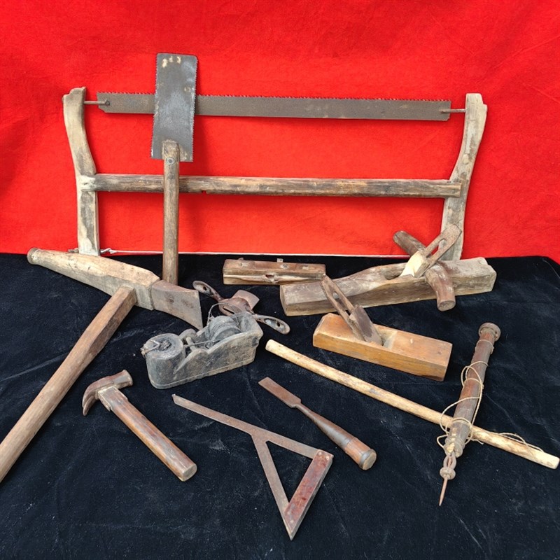 民俗怀旧老木工工具木匠用具旧手工锯老墨斗木刨子收藏摆件老物件