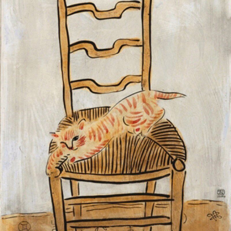 中式装饰画儿童房挂画sanyu常玉油画椅子上的猫复制品手绘临摹