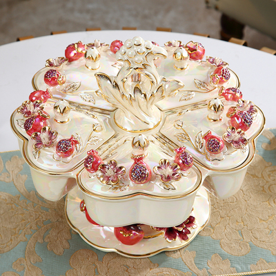 创意旋转干果盒分格带盖家用奢华欧式水果盘陶瓷高档客厅茶几摆件