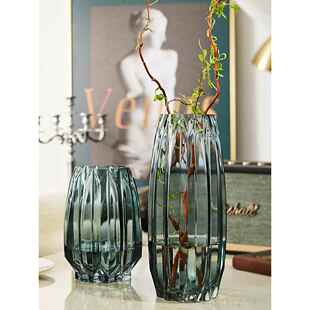 简约竖棱玻璃花瓶创意彩色透明百合花器客厅大号水养插花花瓶摆件