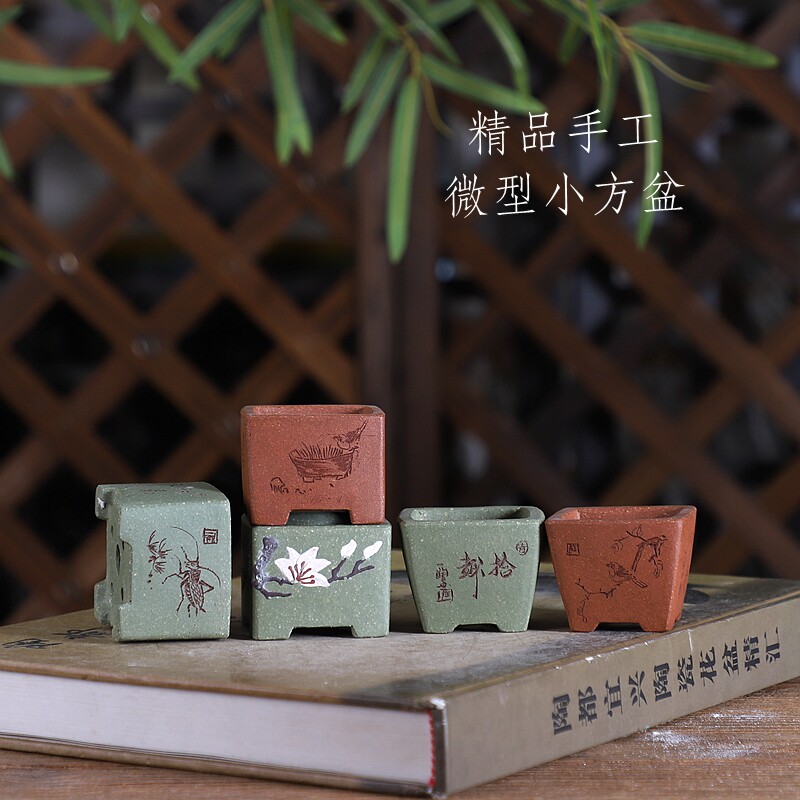玉兰迷你正方 苏兵款精品手工刻绘紫砂小花盆掌中宝控养盆景