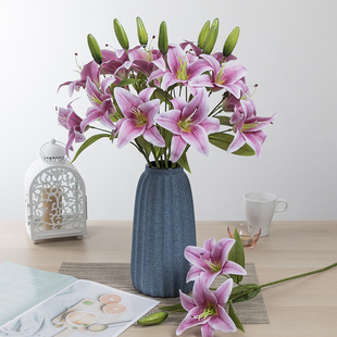 仿真百合花束 绢花假花客厅电视柜餐桌摆设塑料装饰花瓶摆件花艺