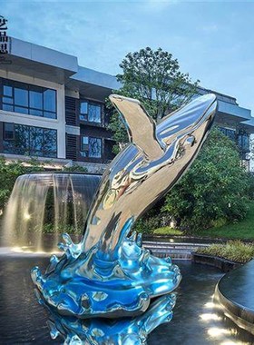 玻璃钢鲸鱼浪花雕塑不锈钢定制创意水景酒店门厅海洋动物摆件装饰
