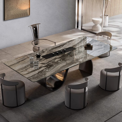 威尼斯棕奢石茶桌大茶台简约大板泡茶桌办公室创意茶桌椅组合