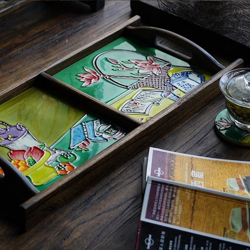 老榆木陶瓷托盘复古中式长方形干泡台客厅装饰摆件茶桌家用茶盘