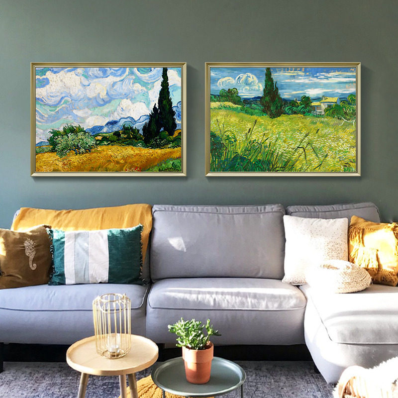 二狗姑娘 梵高麦田柏树 欧式沙发背景墙客厅挂画装饰画墙壁画墙画