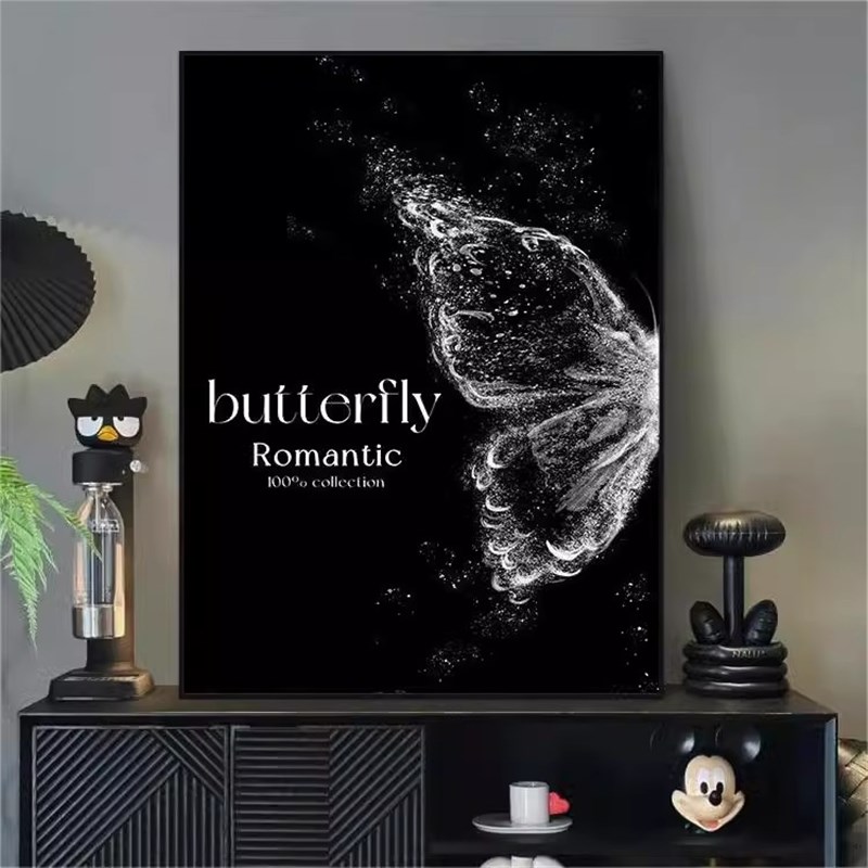 现代蝴蝶客厅装饰画黑白极简沙发背景墙挂画摆落地画小众艺术壁画