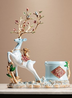 2023年新款麋鹿摆件带毛笔筒收纳桶 书法家书房桌面实用性装饰品