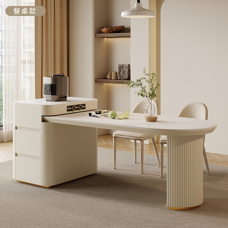 岛台餐桌茶桌一体两用可伸缩多功能原木奶油风家用实木餐桌可伸缩