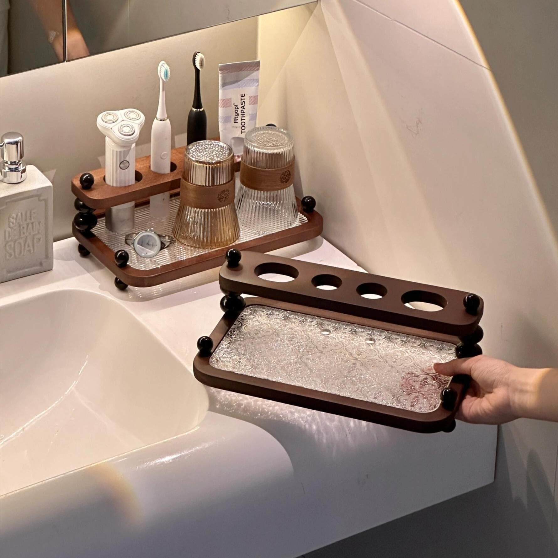 中古风牙刷架高级感漱口杯牙杯牙膏电动牙刷收纳架洗漱台面置物架