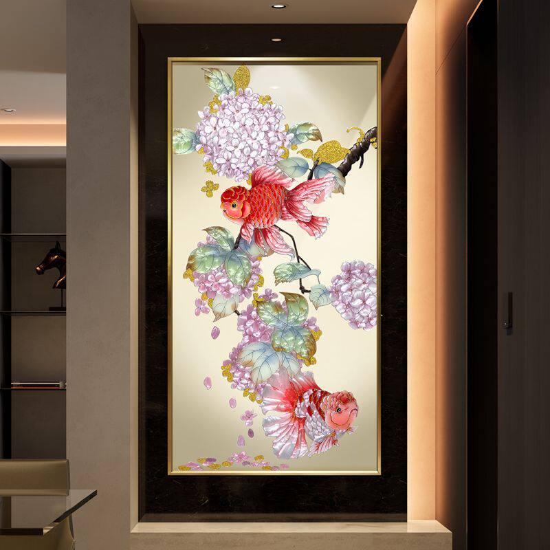 珐琅彩锦鲤装饰画沙发背景画高端挂墙玄关画有框新款横版定制挂画