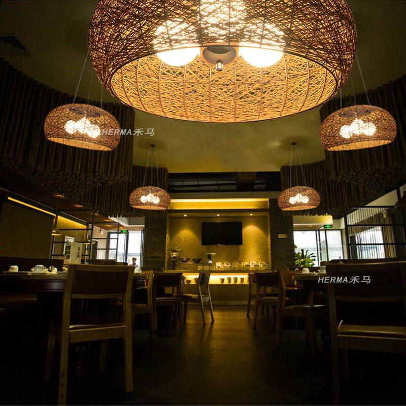 东南亚新款藤编藤艺火锅店餐厅灯椭圆形创意麻球中式禅意茶室吊灯