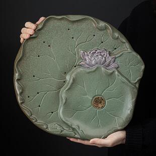 清莲陶盛开茶盘日式CIV双鎏金铁釉瓷茶盘储水排水用干泡茶托茶盘