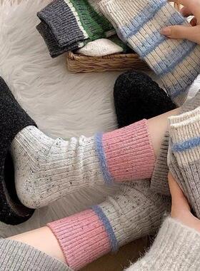 灰色袜子女条纹拼色中筒袜秋冬季加厚保暖日系点子纱堆堆长袜N