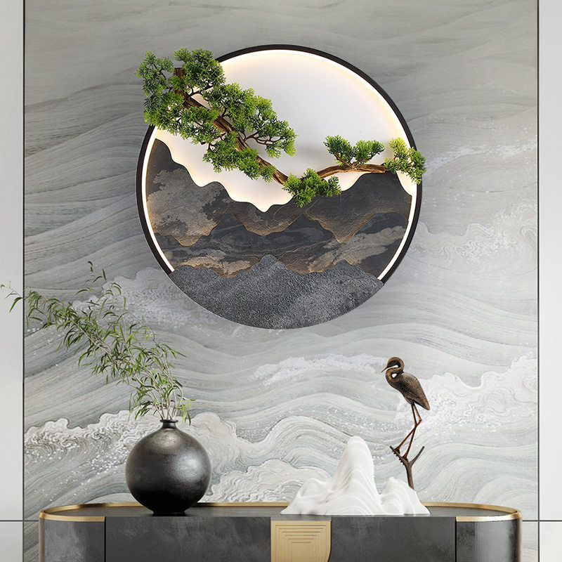新中式装饰画圆形玄关挂画入户走廊过道墙壁带灯LED茶室大气壁画
