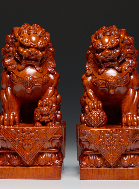 花梨木雕狮子摆件一对狮子实木质家居门口客厅创意装饰摆设工艺品