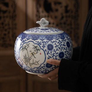 中式茶叶罐青花瓷密封罐白茶红茶储存罐普洱茶醒茶罐家用复古摆件