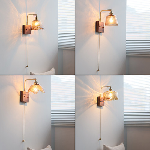 北美黑胡桃木壁灯复古琥珀色床头左右可旋转调节民宿自带开关壁灯