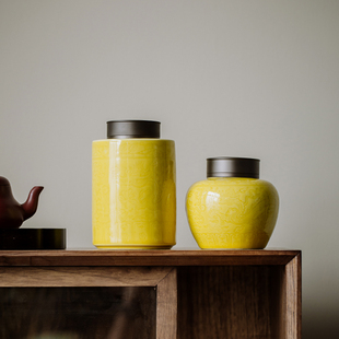 帝皇釉刻花祥龙陶瓷茶叶罐家用普洱茶叶储存防潮茶仓密封茶罐高档