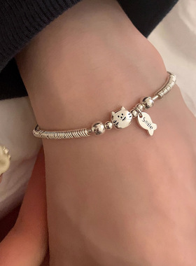 日韩简约串珠S925纯银小盘缠小猫吃鱼手链轻奢小众百搭精致女手饰