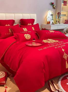 婚庆四件套结大红色刺绣喜婚床用品新WSY婚婚房被套件龙上凤4