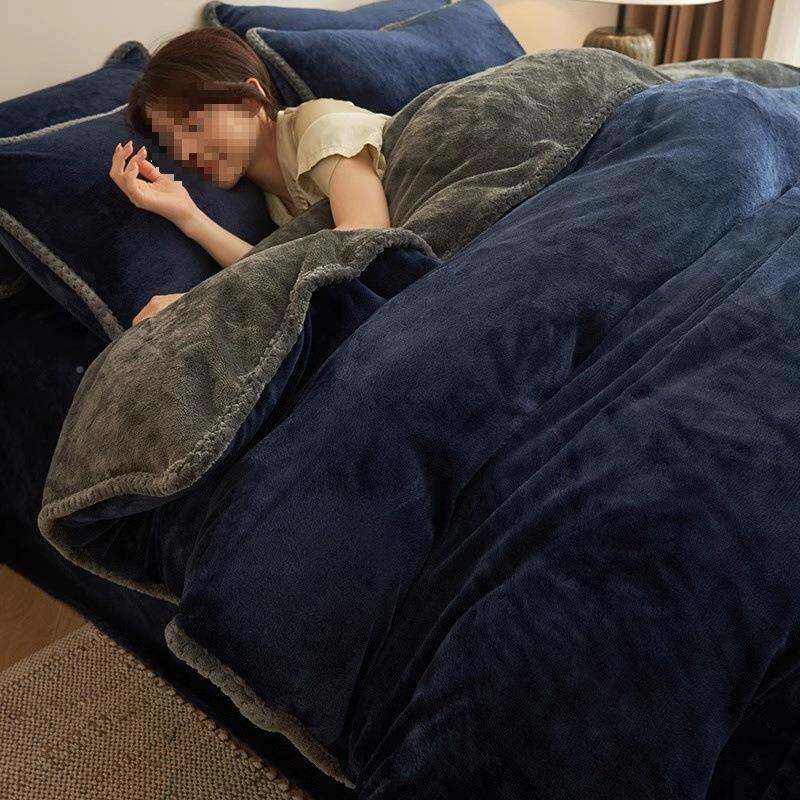季绒加厚珊冬瑚四件套床上用品利轻奢主卧室意大感LKQ进绒口包邮
