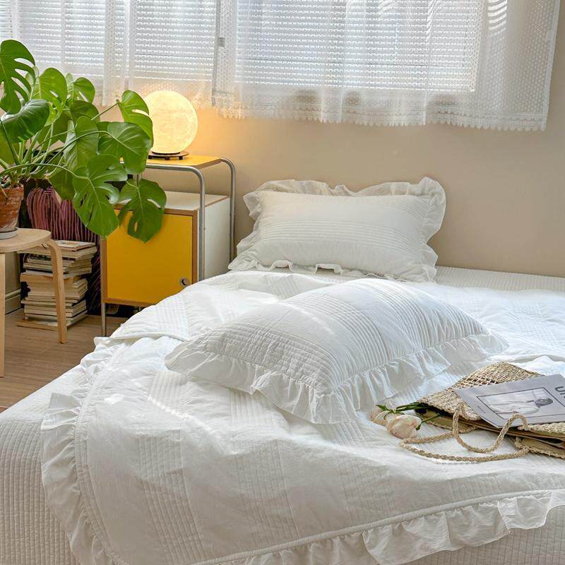 纯JZR棉洗夹棉绗套缝床盖三件套韩式水公主风荷棉叶边纯棉被四件