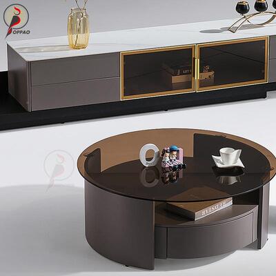 意式轻奢岩RCW现代圆形板钢家化玻璃客厅用小户型网创意红茶几电