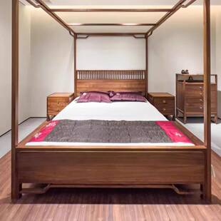 新中式北黑胡桃木实木架美子床主卧室双人端大床高奢轻XPX婚床四