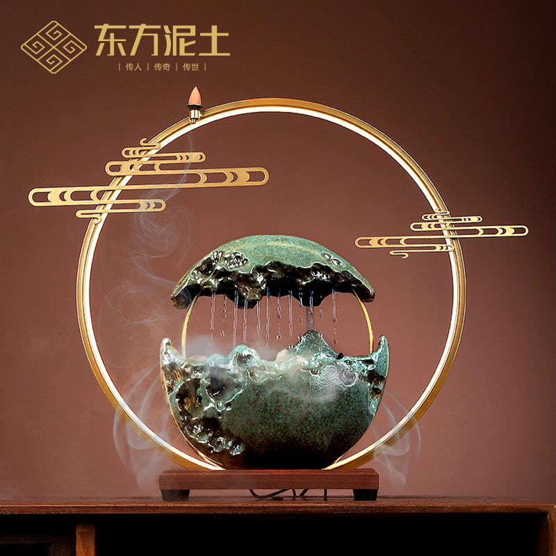 东方泥土陶瓷新观山月流水器摆件办公室家居客厅雾化加湿器装饰品