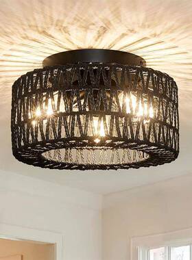 美式乡村复嵌式编织艺入客厅42512书房卧室三头LED11古0v藤吸顶灯