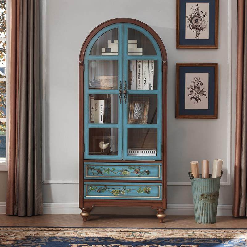 8V美式书柜带绘玻两门柜文璃件柜子餐边柜橱柜书书g1005房家具彩