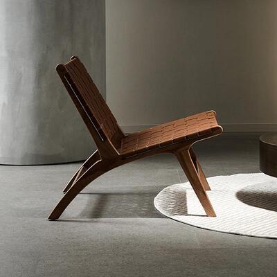 实木9889皮编躺椅白坯台休闲单椅家用人靠客背厅简约折叠复古阳椅