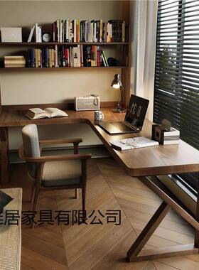 全实木双人转桌角书桌书架一HKUL型电脑体桌室简易学习家用办公卧