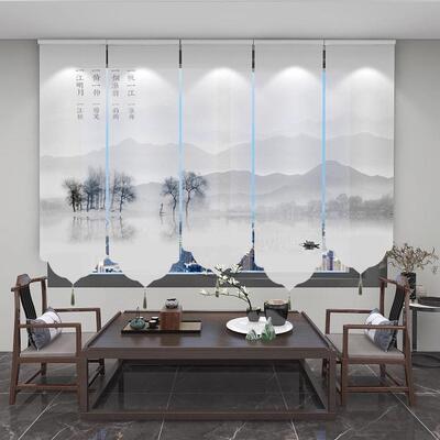 新中式断山水2223水画卷拉式升卷帘电动办公室窗降帘遮阳墨屏风隔
