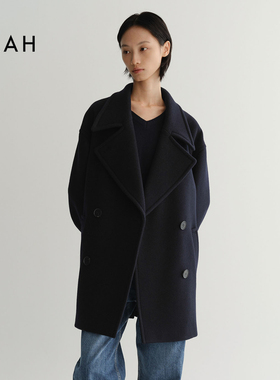 EAAH 韩国品牌 2025秋冬女装毛呢外套双排扣中长款翻领羊毛大衣