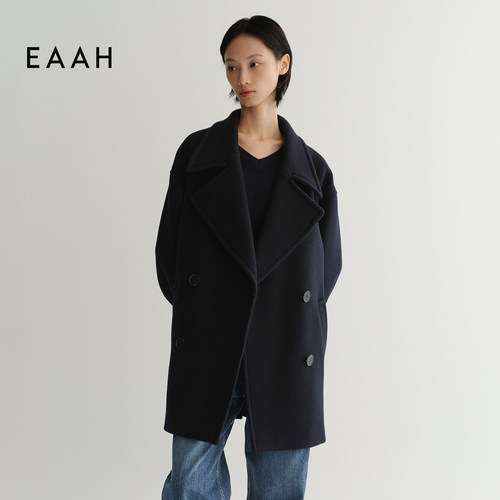 EAAH 韩国品牌 2025秋冬女装毛呢外套双排扣中长款翻领羊毛大衣