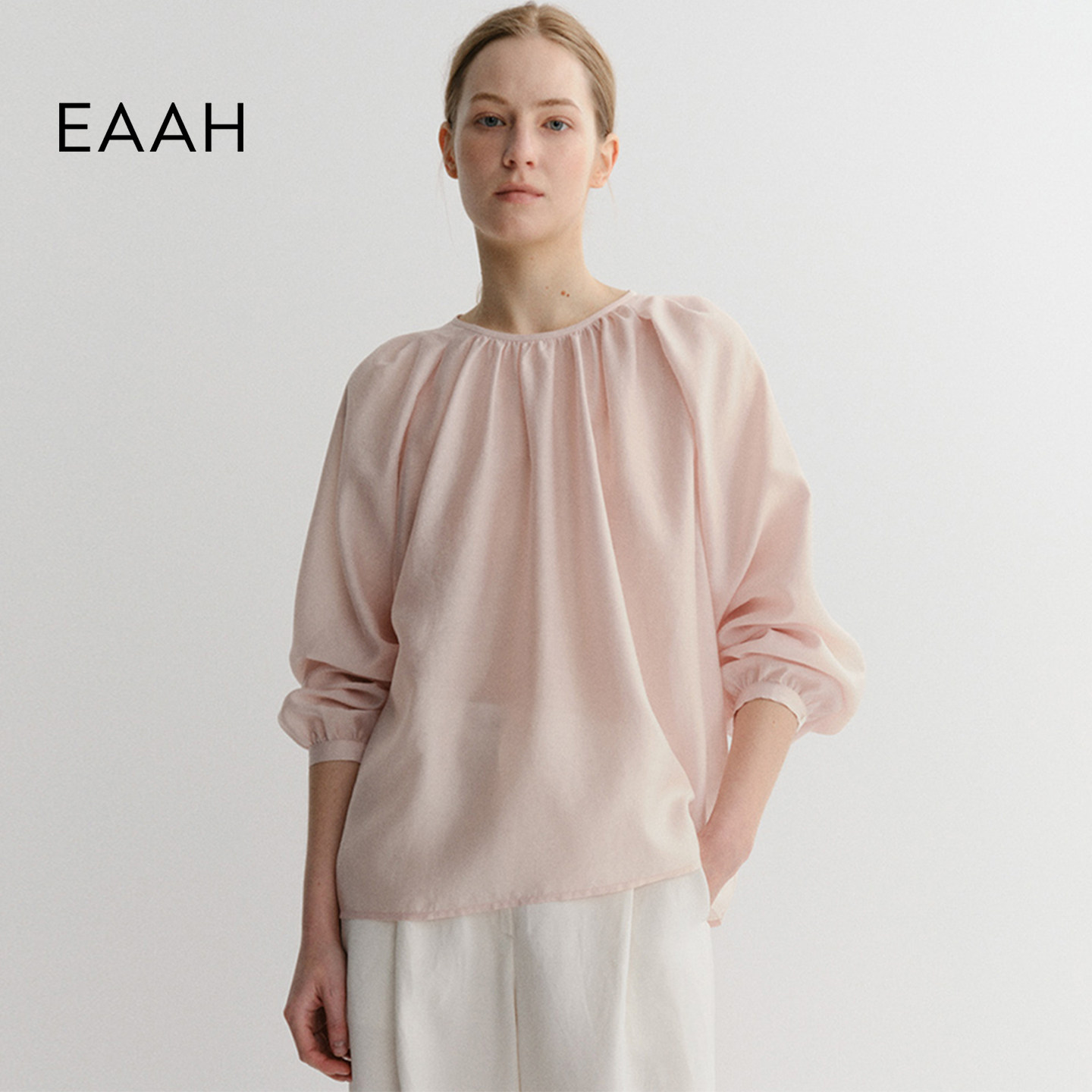 EAAH 韩国品牌 女装2026春夏简约风灯笼袖气质衬衫女宽松圆领上衣