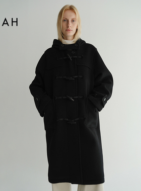 EAAH 韩国品牌 2025秋冬女款毛呢外套牛角扣中长款连帽羊毛大衣