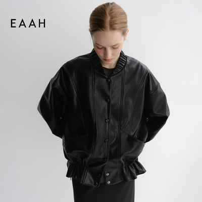 EAAH 韩国品牌 女装26春季机车风黑色短款仿皮衣立领收腰夹克外套