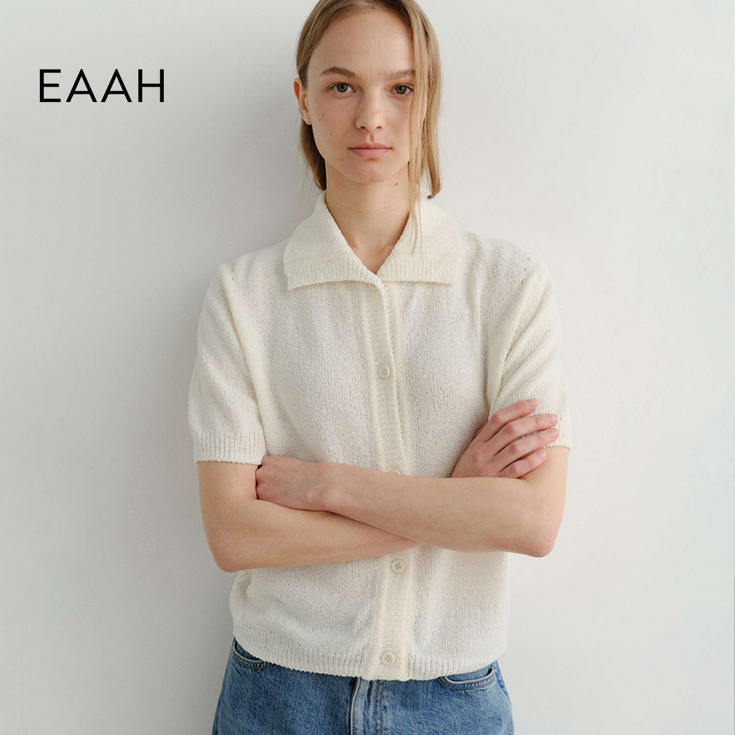 EAAH 韩国品牌 女装夏季简约风翻领短袖针织开衫白色纽扣上衣