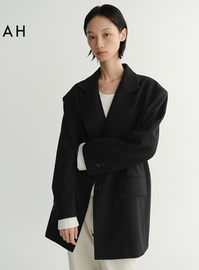 EAAH 韩国品牌 2025秋冬黑色廓形羊毛西装外套女宽松通勤毛呢外套