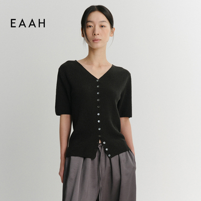 EAAH 韩国品牌 女装2026春V领短袖针织开衫薄款小个子显瘦上衣