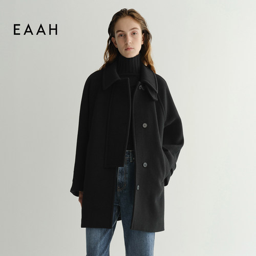 EAAH 韩国品牌 2025秋冬女款毛呢外套半巴尔马康羊毛大衣中长款