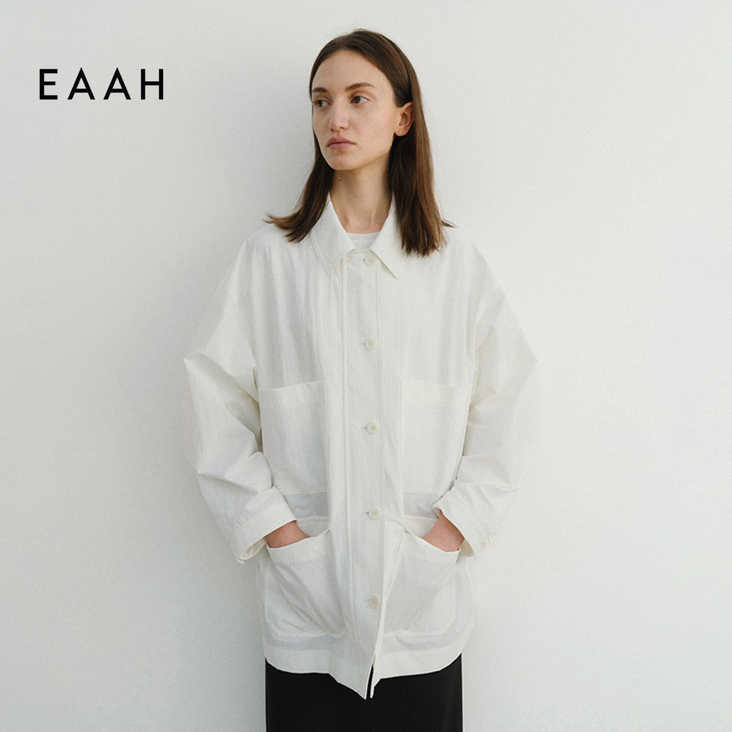 EAAH 韩国品牌 女装26春季通勤风工装夹克女中长款翻领多口袋外套