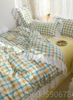 正品n棉s风网红奶油生黄色水洗3四件i套小清新条纹格子学宿舍三件