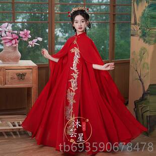 正品儿童汉代主古筝表演装典雅晚礼服红女孩合装唱团持人表演服长