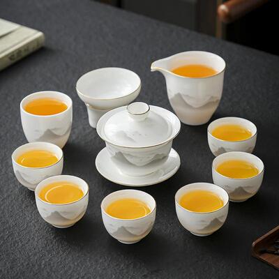 晟翔陶瓷茶具羊脂盖玉陶瓷格64260山峰碗10头加人主杯百11件套
