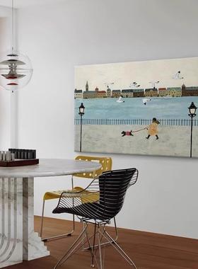 北欧抽象物横版卧室客人厅高级感油装喷饰画蓝色清新绘艺WSS术床