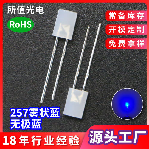 257方形无极蓝led灯珠直插式雾状蓝光有边短脚发光二极管指示灯